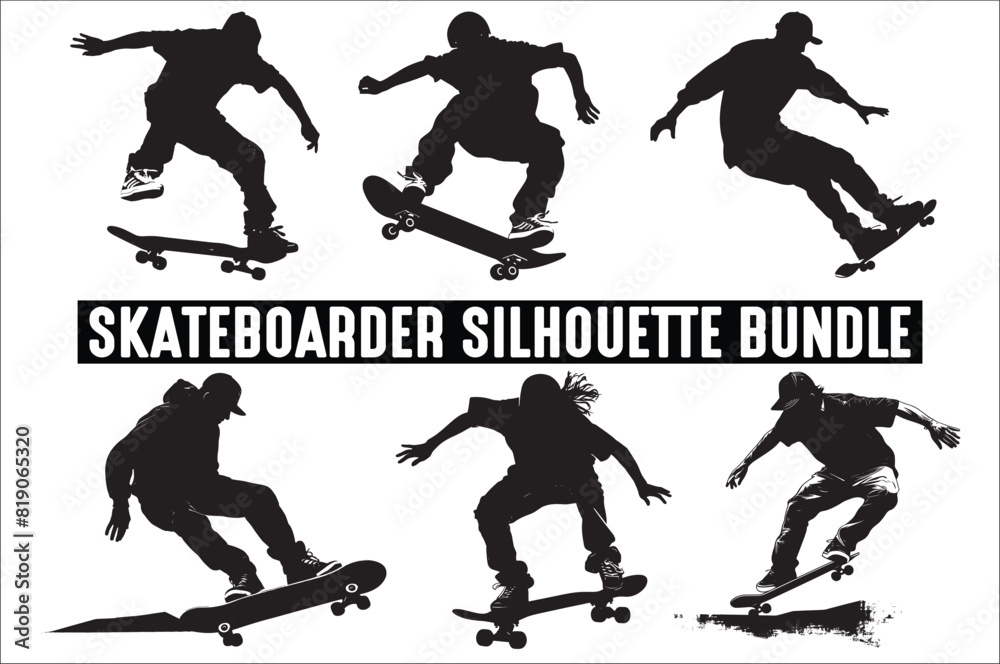 Obraz premium Skateboarders Silhouette Vector Illustration, skateboarders silhouettes Vector collection, skateboarder silhouettes.