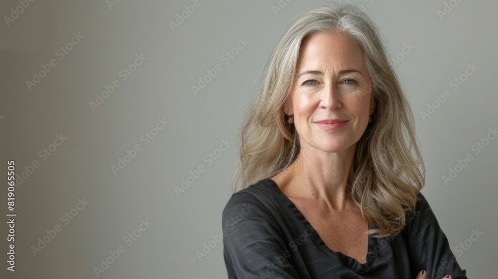 Fototapeta premium Mid age woman standing behind a flat background