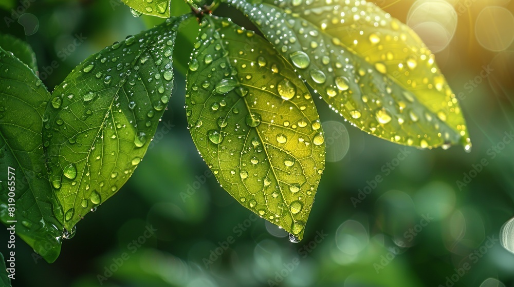 Nature Background Shiny leaves with morning dew and sunlight Illustration image, Nature Background Shiny leaves with morning dew and sunlight Illustration image,