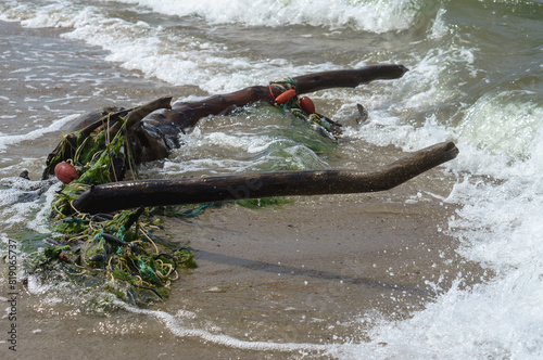 Seaside. Garbage on the seashore. A tree's driftwood on the sand. Tina on the sea sand.