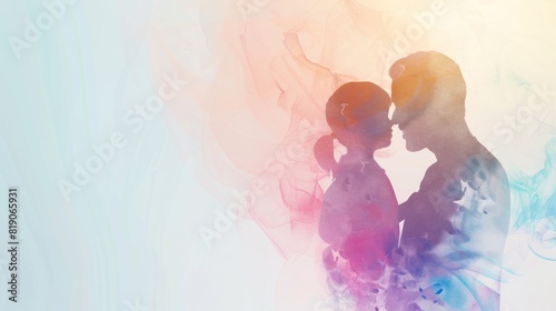 Soft gradient background with a subtle outline of a father and child playing or embracing, capturing the essence of paternal love.  photo