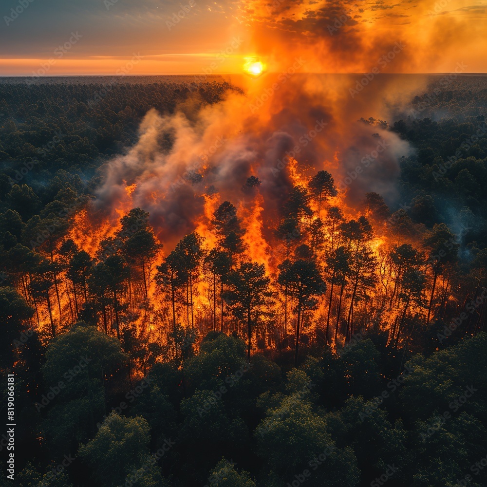 A strip of Dry Grass sets Fire to Trees in dry Forest