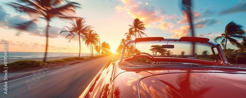 A classic convertible speeds down a coastal highway with the ocean breeze whipping through the driver's hair, palm trees lining the sunny road photo