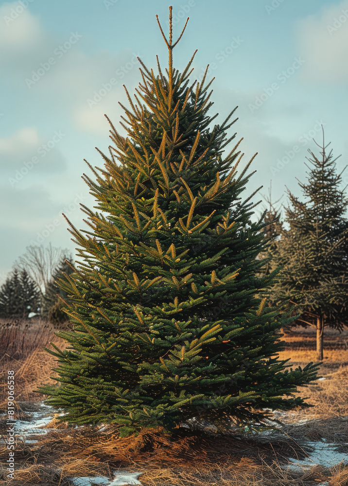 Single young spruce tree stands in field with other trees and blue sky in the background Single young spruce tree stands in field with other trees and blue sky in the background