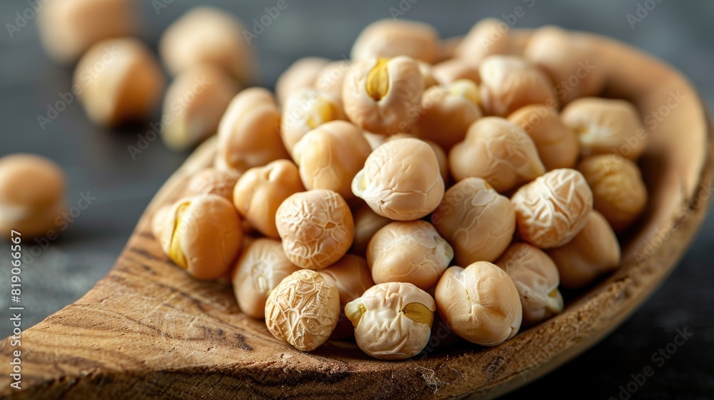 Dry chickpeas in a wooden spoon close-up Dry chickpeas in a wooden spoon close-up