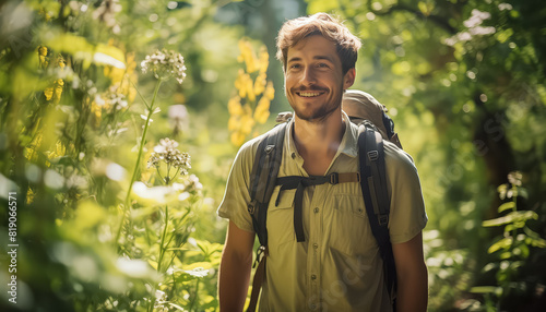 A man with a backpack and a smile on his face is standing in a forest
