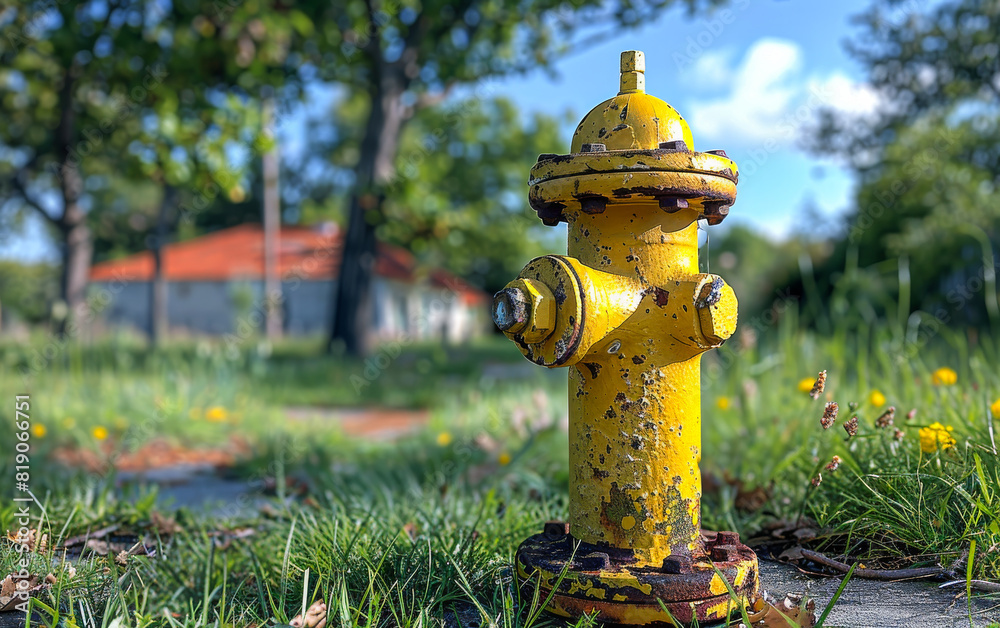 Yellow fire hydrant sits on sidewalk in residential neighborhood Yellow fire hydrant sits on sidewalk in residential neighborhood