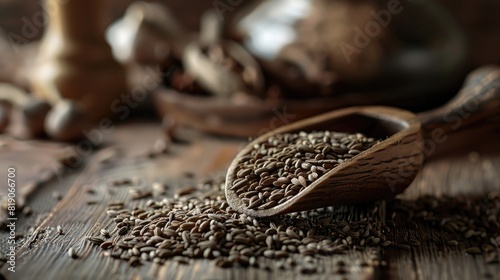 Dry cumin seeds in a scoop on a wooden table. Close up