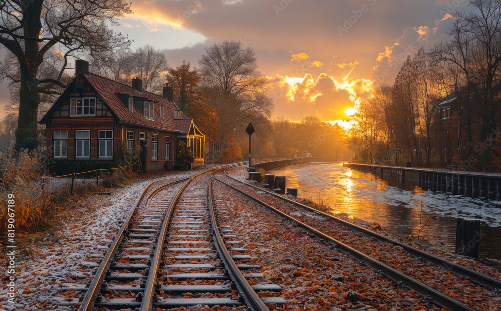 Fototapeta premium Railway tracks and small house in the autumn