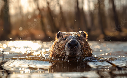Beaver swimming in river at sunset. Beavers in the wild photo