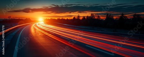 A red taillight streaks across a dark highway at night, conveying a sense of speed and movement on a long journey photo