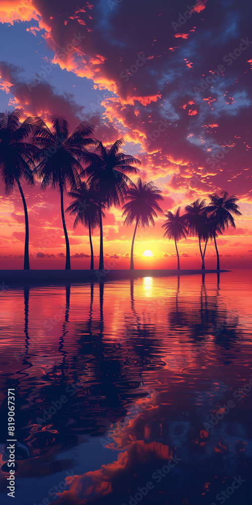 Vibrant Tropical Sunset with Palm Trees Reflecting on Calm Water