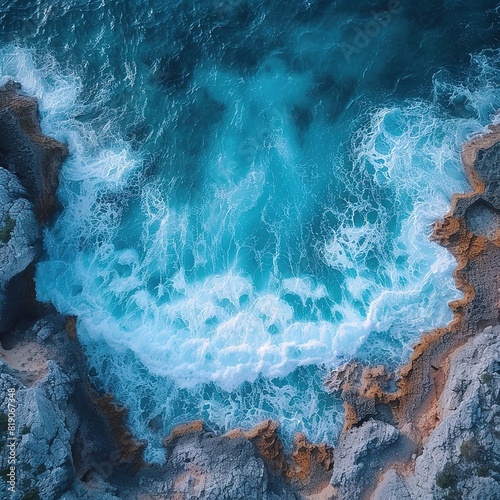 Aerial drone top view of ocean's beautiful waves crashing on the rocky island coast Please provide high-resolution