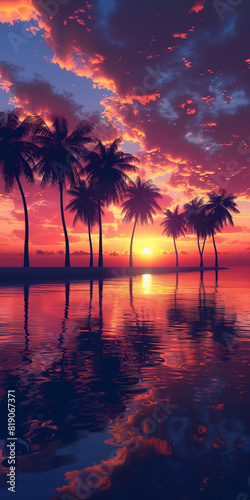 Vibrant Tropical Sunset with Palm Trees Reflecting on Calm Water