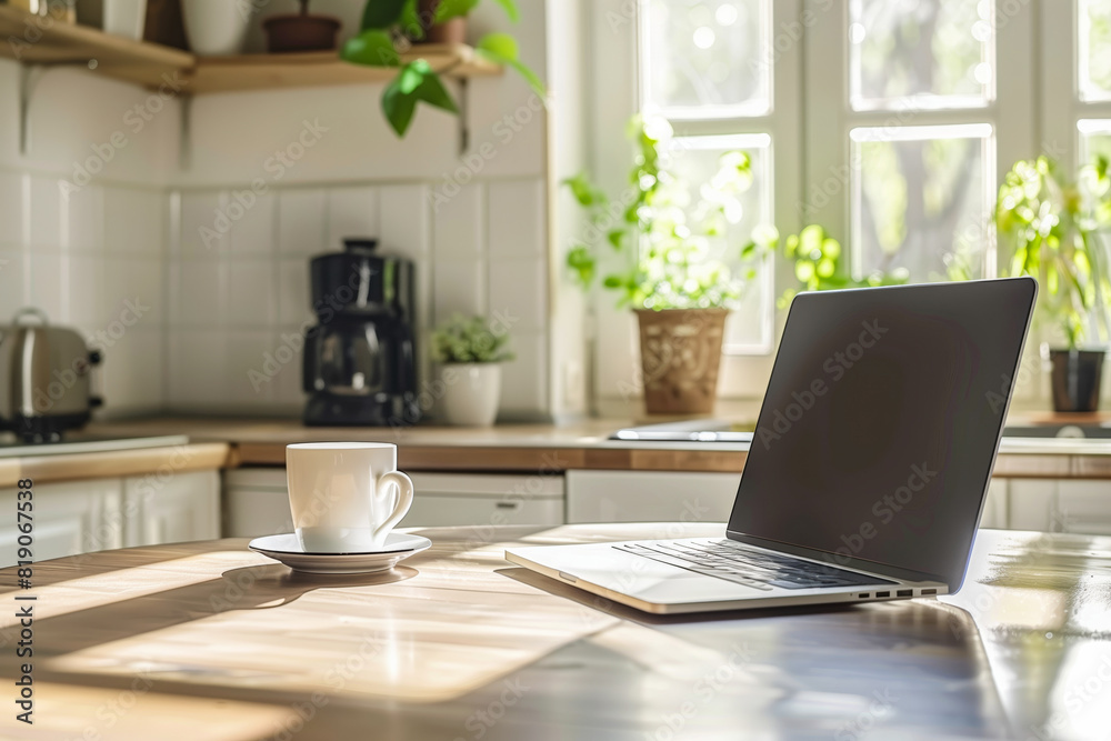 Laptop computer on kitchen counter with coffee cup Laptop computer on kitchen counter with coffee cup