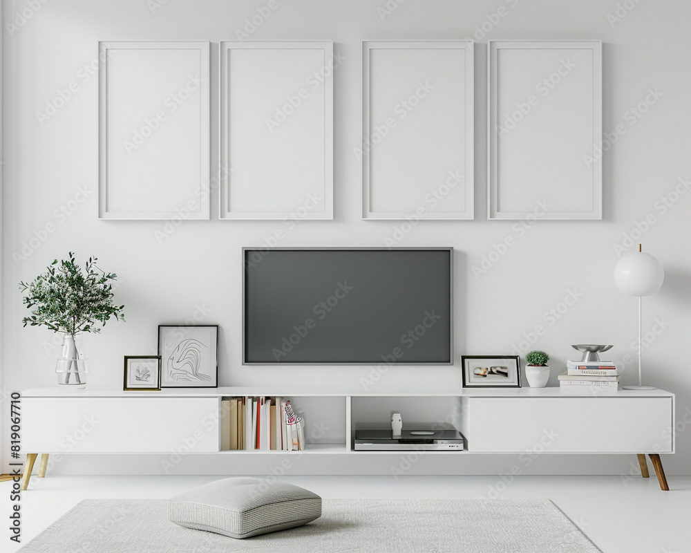Contemporary white entertainment lounge with four frames over a brilliant white wall, a white media unit, and modernist white shelving.