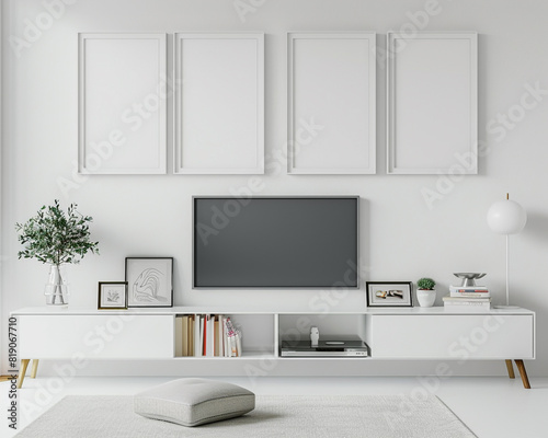 Contemporary white entertainment lounge with four frames over a brilliant white wall, a white media unit, and modernist white shelving. © Sajida