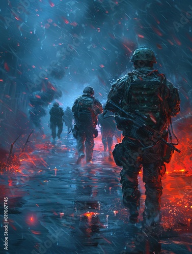 A soldier walks through a war-torn city