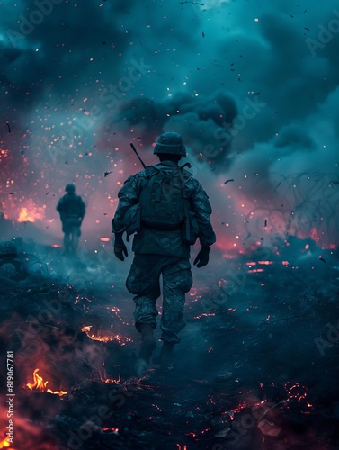 A soldier walks through a war zone. The sky is filled with smoke and debris. The ground is scorched and littered with bodies. The soldier is alone and looks lost.