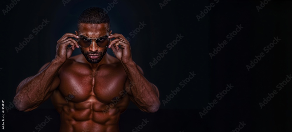 A muscular figure stands against a dark backdrop, highlighting the power of their physique. A muscular figure stands against a dark backdrop, highlighting the power of their physique.