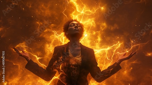 Model in Power Unleashed Amidst a storm of golden lightning and fire-like clouds, a figure’s outstretched hands evoke a sense of control over the elemental chaos.