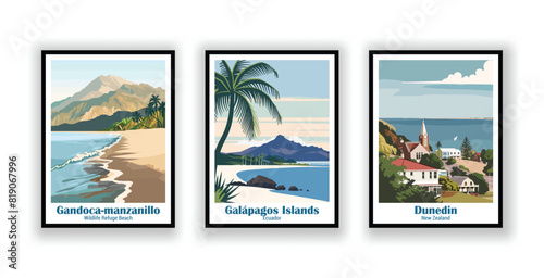 Dunedin, New Zealand, Galápagos Islands, Ecuador, Gandoca-manzanillo Wildlife Refuge Beach - Vintage Travel Posters. Vector illustration. High Quality Prints
