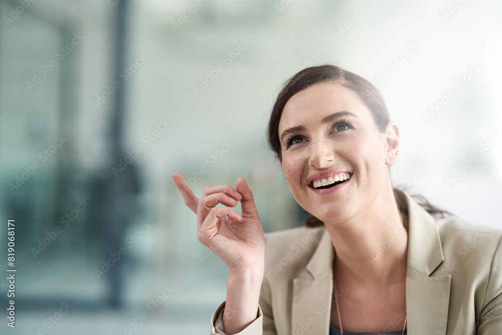 Smile, woman and thinking with idea in office for social media post, communication or online business. Corporate, copywriter and technology on desk for internet research and press connectivity Smile, woman and thinking with idea in office for social media post, communication or online business. Corporate, copywriter and technology on desk for internet research and press connectivity