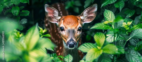 A curious deer peeks out from the bushes. wide shot photo