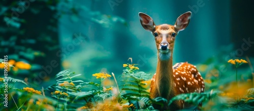A curious deer pauses to look at the camera in its natural habitat., Wide shot