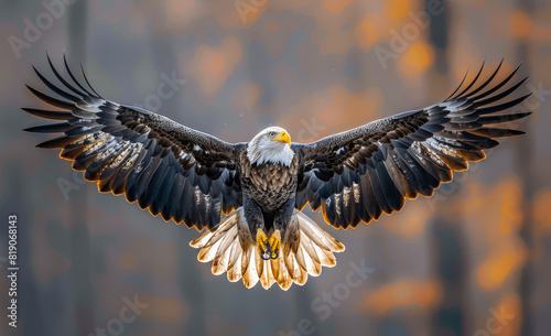 Bald Eagle flying in the forest. A eagle on the hunt photo