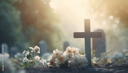 A cemetery with a cross and a casket with flowers on top