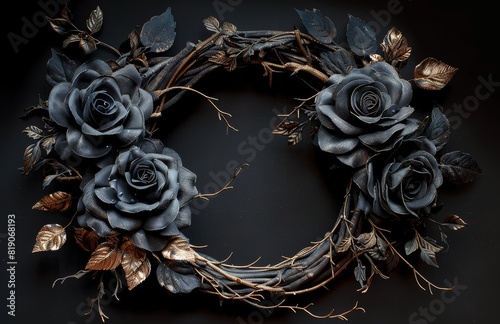 A Wreath of Black Roses on Dark Background