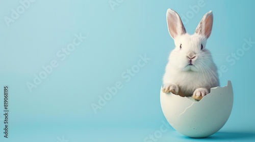  Easter rabbit, cute white bunny coming out of an opened egg on empty blue background with copy space photo