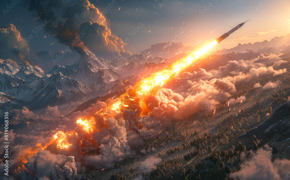 Fototapeta premium Meteor flies through the clouds. High-stakes moment as a salvo of rockets bursts from launchers