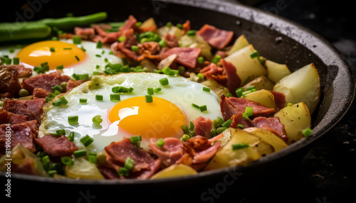 A plate of eggs and bacon with green onions and potatoes