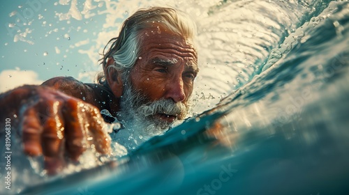 A old male surfer against the radiant glow of the sun, showcasing the grace of human movement in water. photo