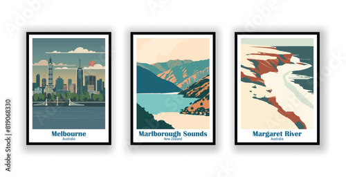 Marlborough Sounds, New Zealand, Margaret River, Australia, Melbourne, Australia - Vintage Travel Posters. Vector illustration. High Quality Prints
