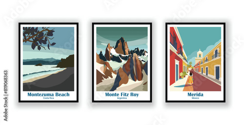 Merida, Mexico, Monte Fitz Roy, Argentina, Montezuma Beach, Costa Rica - Vintage Travel Posters. Vector illustration. High Quality Prints