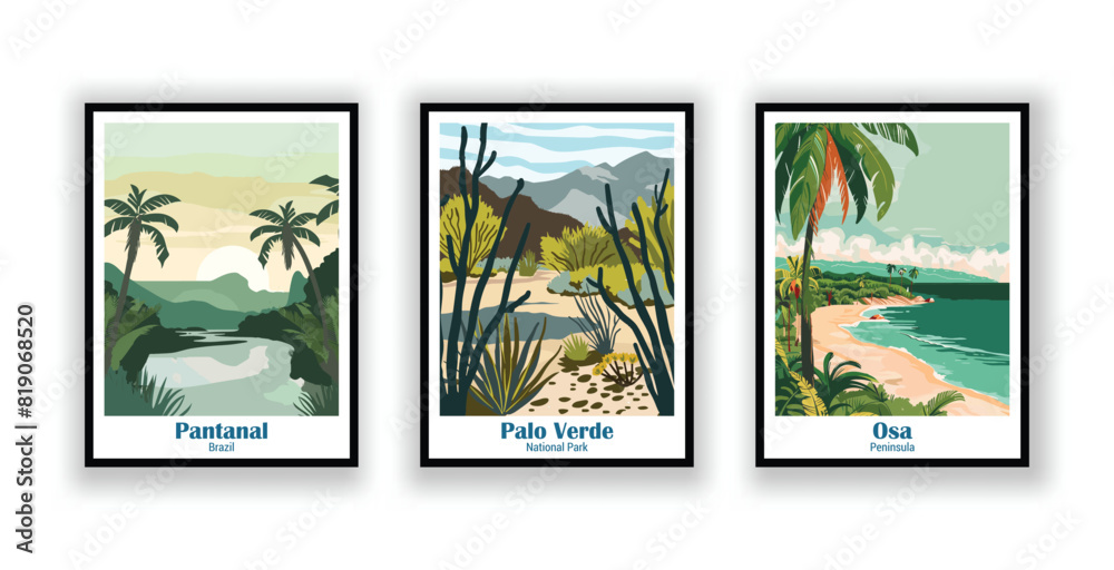 Osa, Peninsula, Palo Verde, National Park, Pantanal, Brazil - Vintage Travel Posters. Vector illustration. High Quality Prints