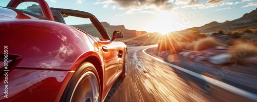 A sleek red sports car with blurred motion streaks past a desert landscape, speedometer in the dashboard displaying high speed.