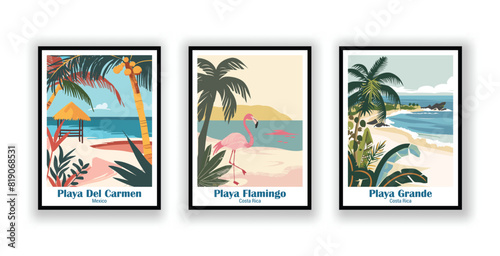 Playa Del Carmen, Mexico, Playa Flamingo, Costa Rica, Playa Grande, Costa Rica - Vintage Travel Posters. Vector illustration. High Quality Prints