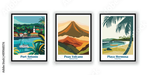 Playa Hermosa, Costa Rica, Poas Volcano, National Park, Port Antonio, Jamaica - Vintage Travel Posters. Vector illustration. High Quality Prints