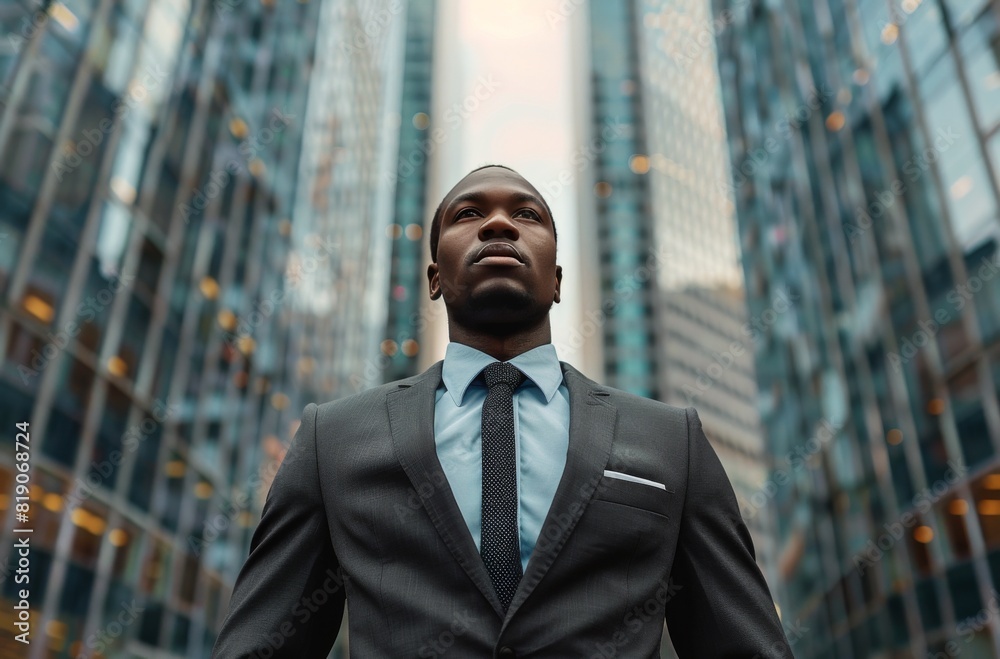 Fototapeta premium Black Man in Suit Standing in Front of City