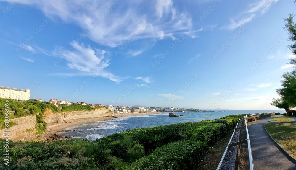 Walking path of outdoor garden at Anglet France with landscape view of Biarritz coastline and Atlantic ocean