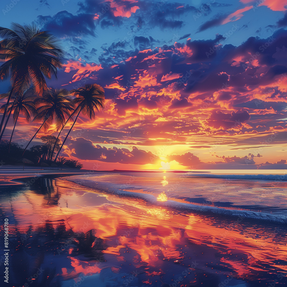 Stunning Tropical Sunset with Vibrant Colors and Palm Trees Reflected on the Water