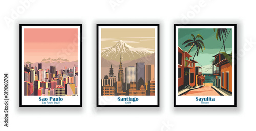 Santiago, Chile, Sao Paulo, Brazil, Sayulita, Mexico - Vintage Travel Posters. Vector illustration. High Quality Prints
