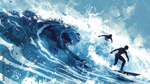 Energetic line illustration of surfers riding waves with crashing foam in the background © Atthasit