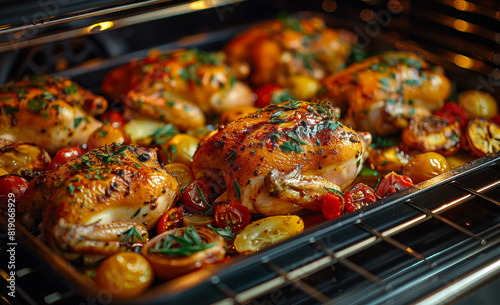 Roasted chicken and vegetables in the oven