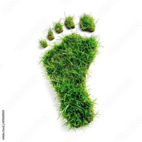 Ecological footprint concept, bare footprint on lush green grass isolated on white background