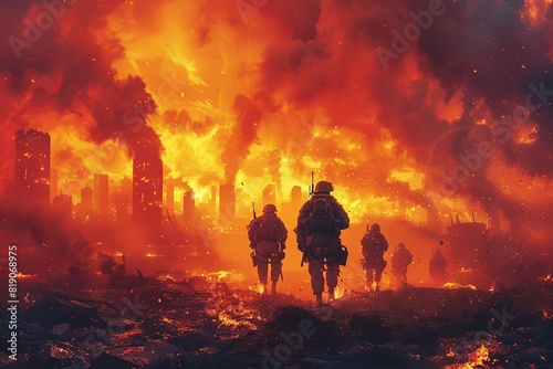 A group of soldiers walk through a war-torn city. The sky is orange with flames. The buildings are destroyed. 